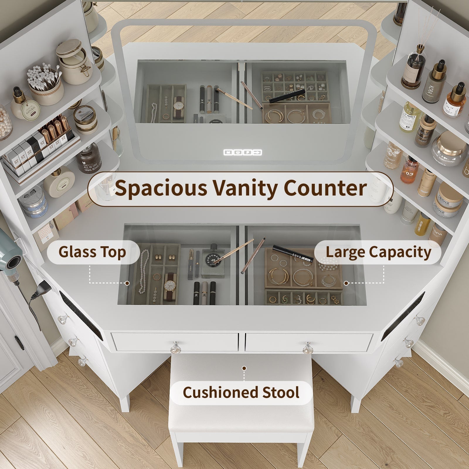 Yanosaku VD021 Corner Makeup Vanity, Mirror, Lights, Bluetooth, White - Yanosaku SotreFurnitureVD021 - WH