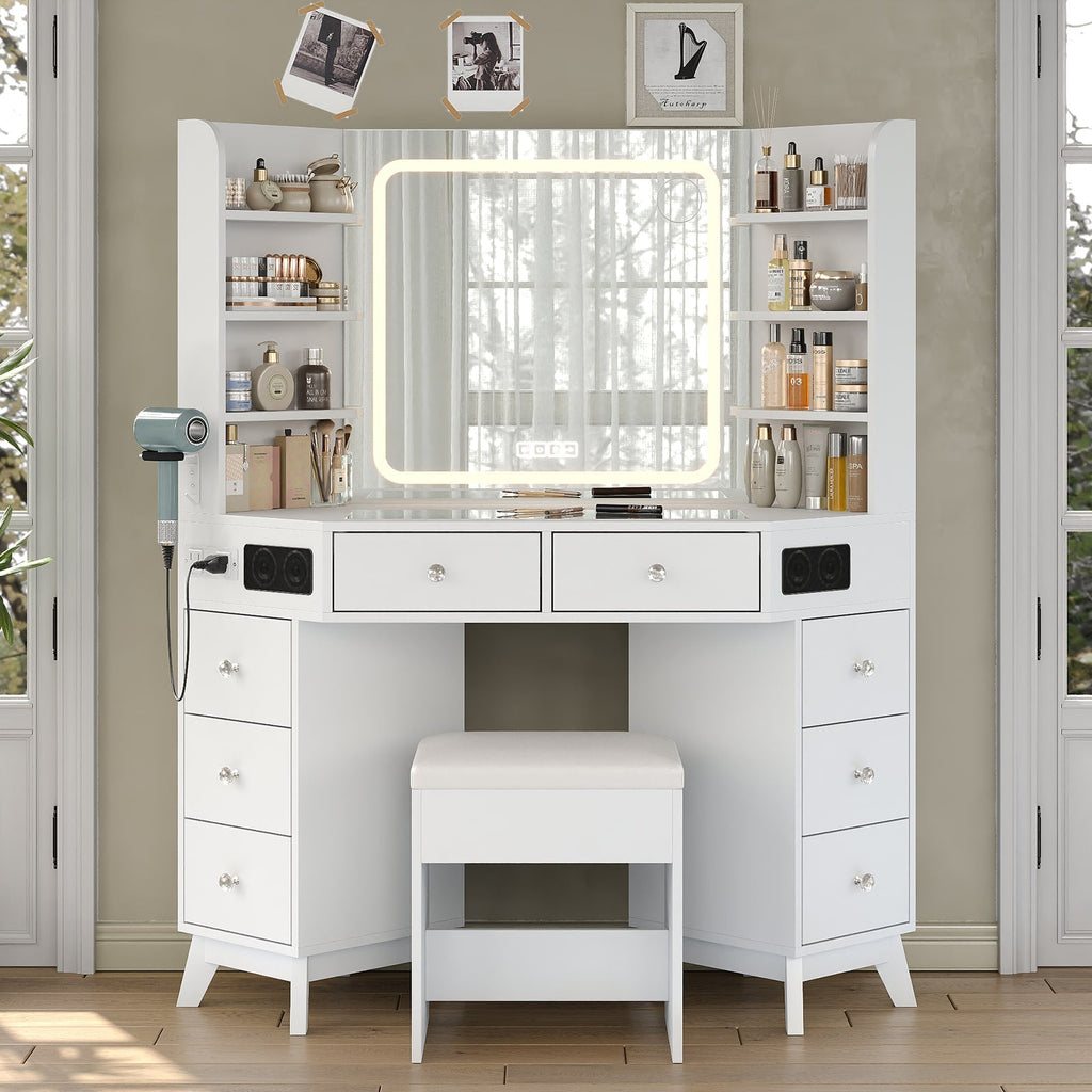 Yanosaku VD021 Corner Makeup Vanity, Mirror, Lights, Bluetooth, White - Yanosaku SotreFurnitureVD021 - WH