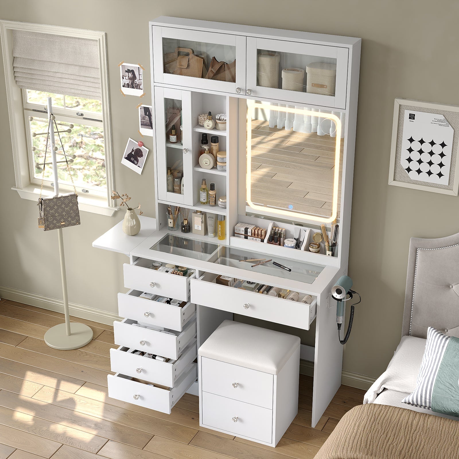 Yanosaku VD022 Vanity Desk with Mirror, Lights, Drawers, Stool, White - Yanosaku SotreFurnitureVD022 - WH