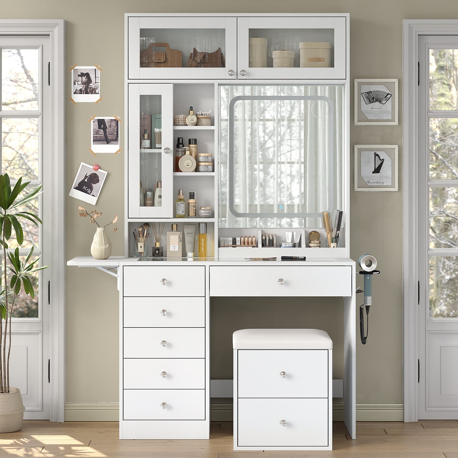 Yanosaku VD022 Vanity Desk with Mirror, Lights, Drawers, Stool, White - Yanosaku SotreFurnitureVD022 - WH