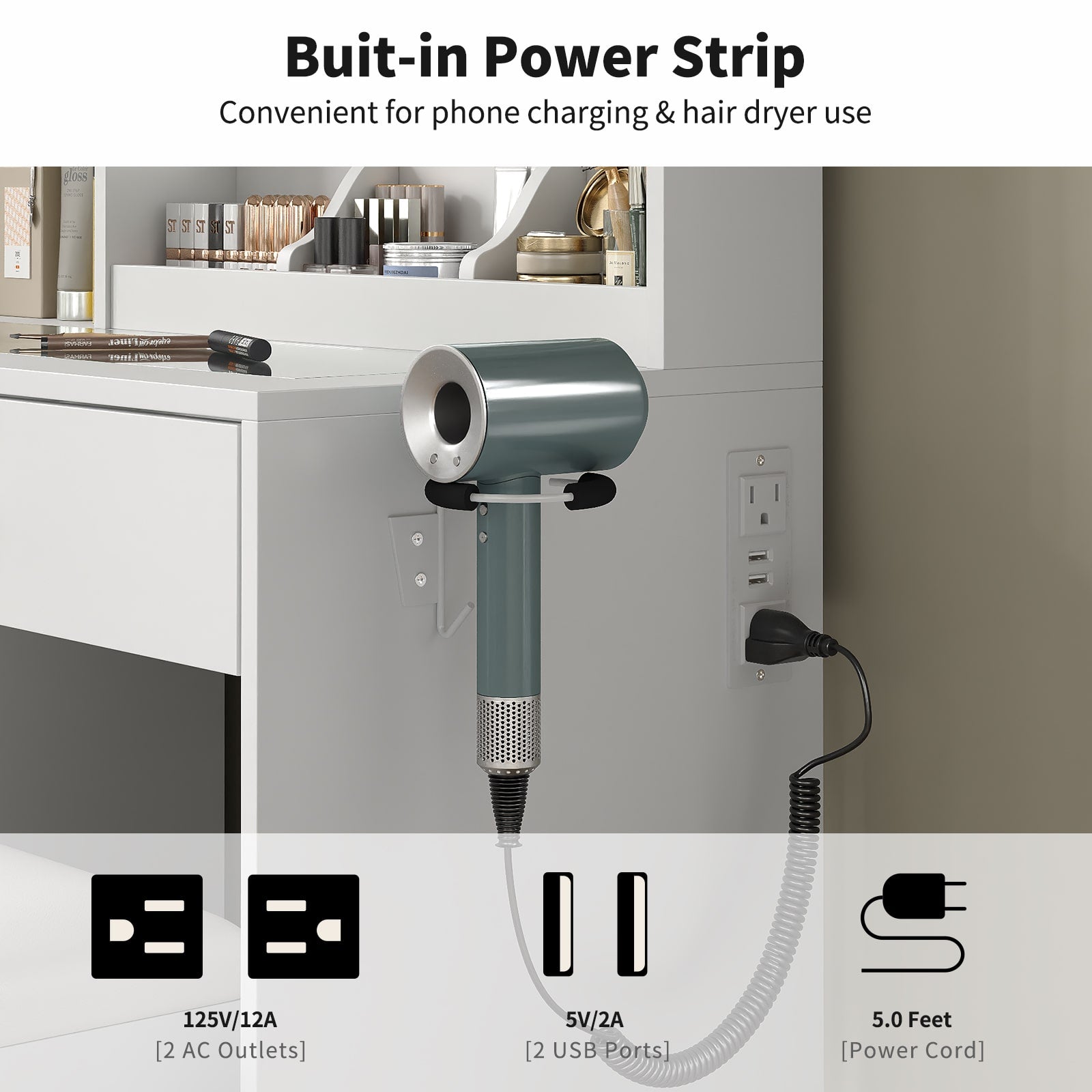 Yanosaku VD022 Vanity Desk with Mirror, Lights, Drawers, Stool, White - Yanosaku SotreFurnitureVD022 - WH