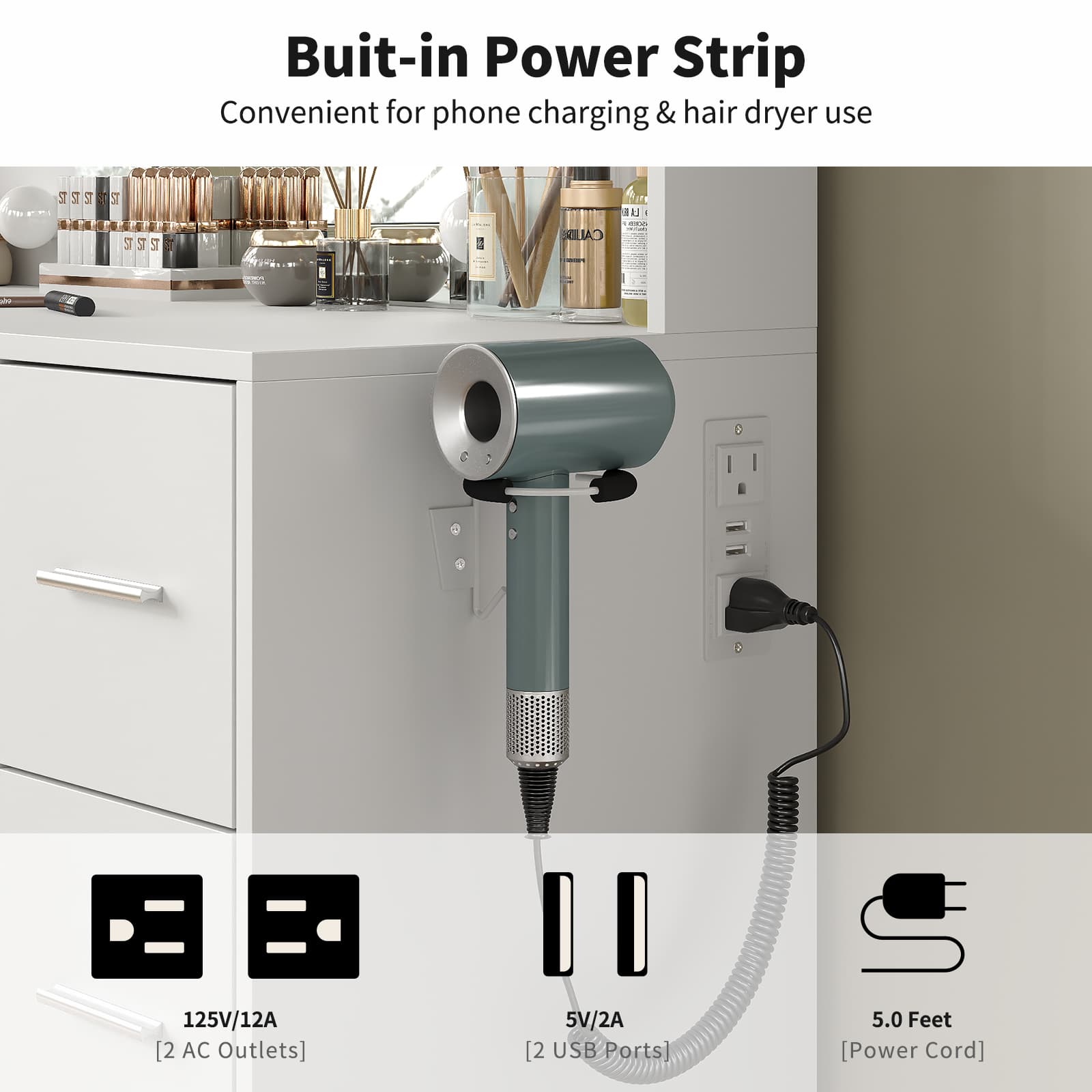 Yanosaku VD024 Vanity Desk with Mirror, LED Lights & Charging Station, 7 Drawers Storage - Yanosaku SotreFurniture