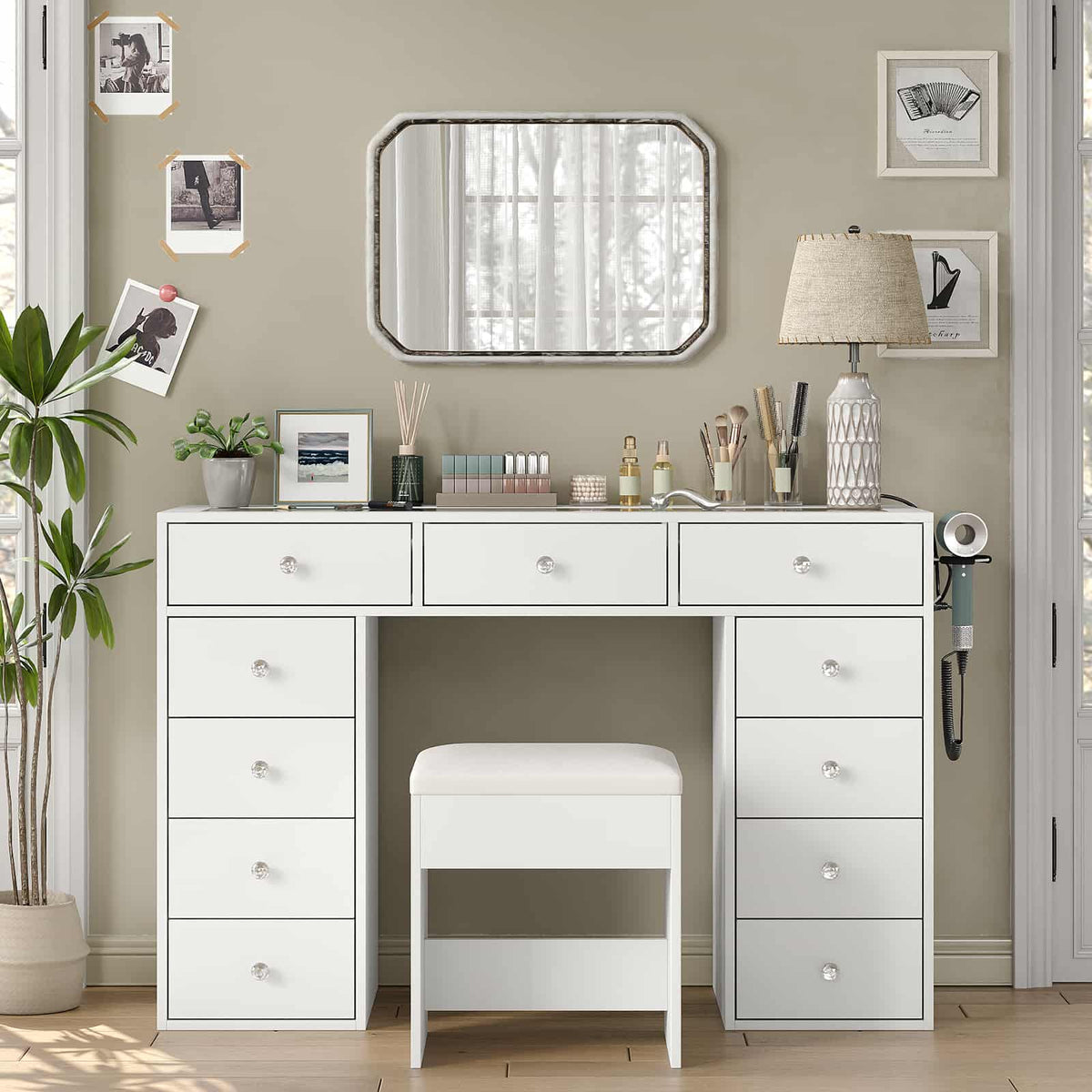 Yanosaku VD026 White Vanity Desk Without Mirror, 11 Drawers with Charging Station - Yanosaku SotreFurniture