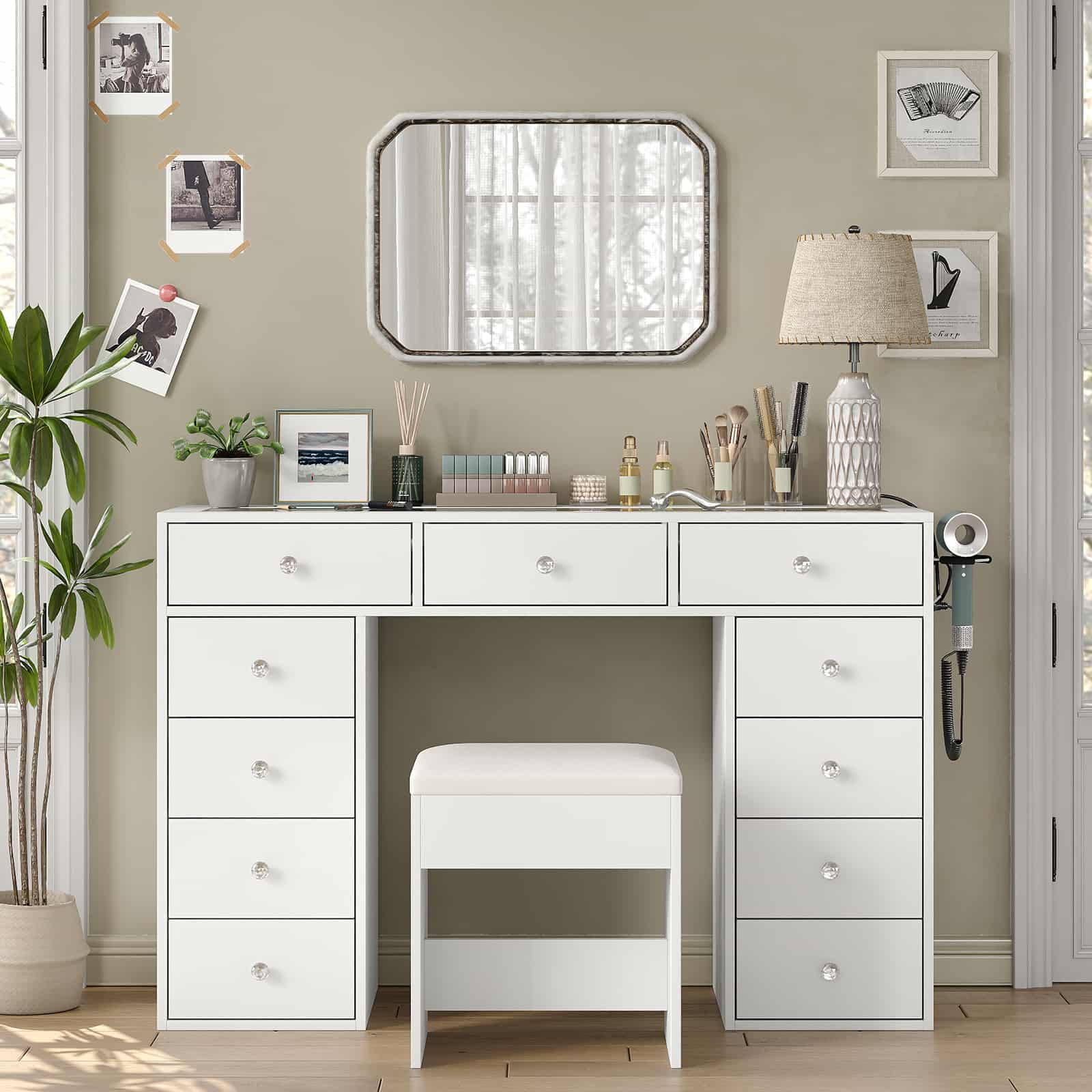 Yanosaku VD026 White Vanity Desk Without Mirror, 11 Drawers with Charging Station - Yanosaku SotreFurniture
