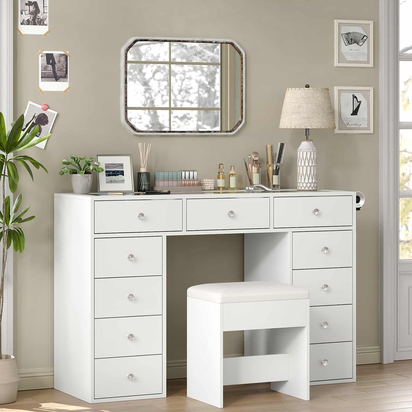 Yanosaku VD026 White Vanity Desk Without Mirror, 11 Drawers with Charging Station - Yanosaku SotreFurniture