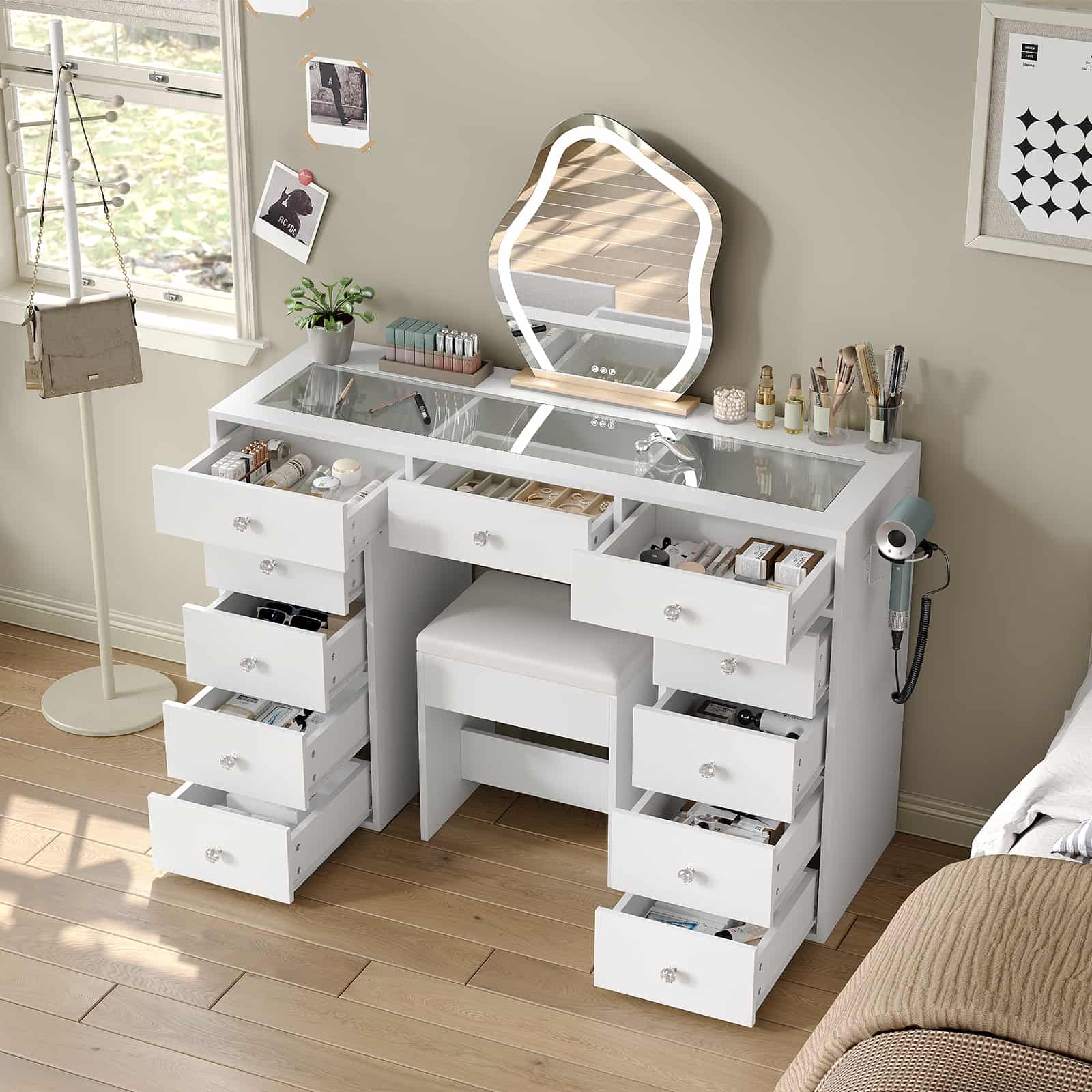 Yanosaku VD026 White Vanity Desk Without Mirror, 11 Drawers with Charging Station - Yanosaku SotreFurniture