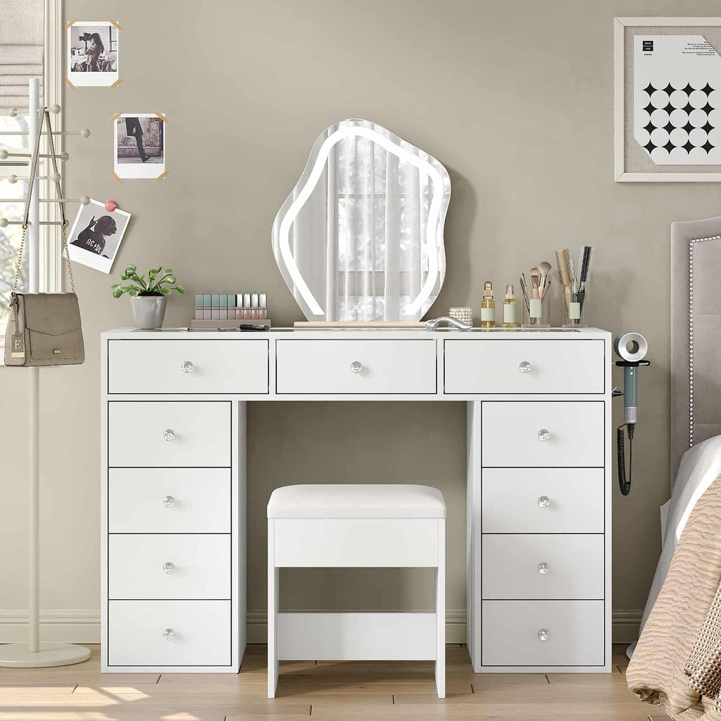 Yanosaku VD026 White Vanity Desk Without Mirror, 11 Drawers with Charging Station - Yanosaku SotreFurniture