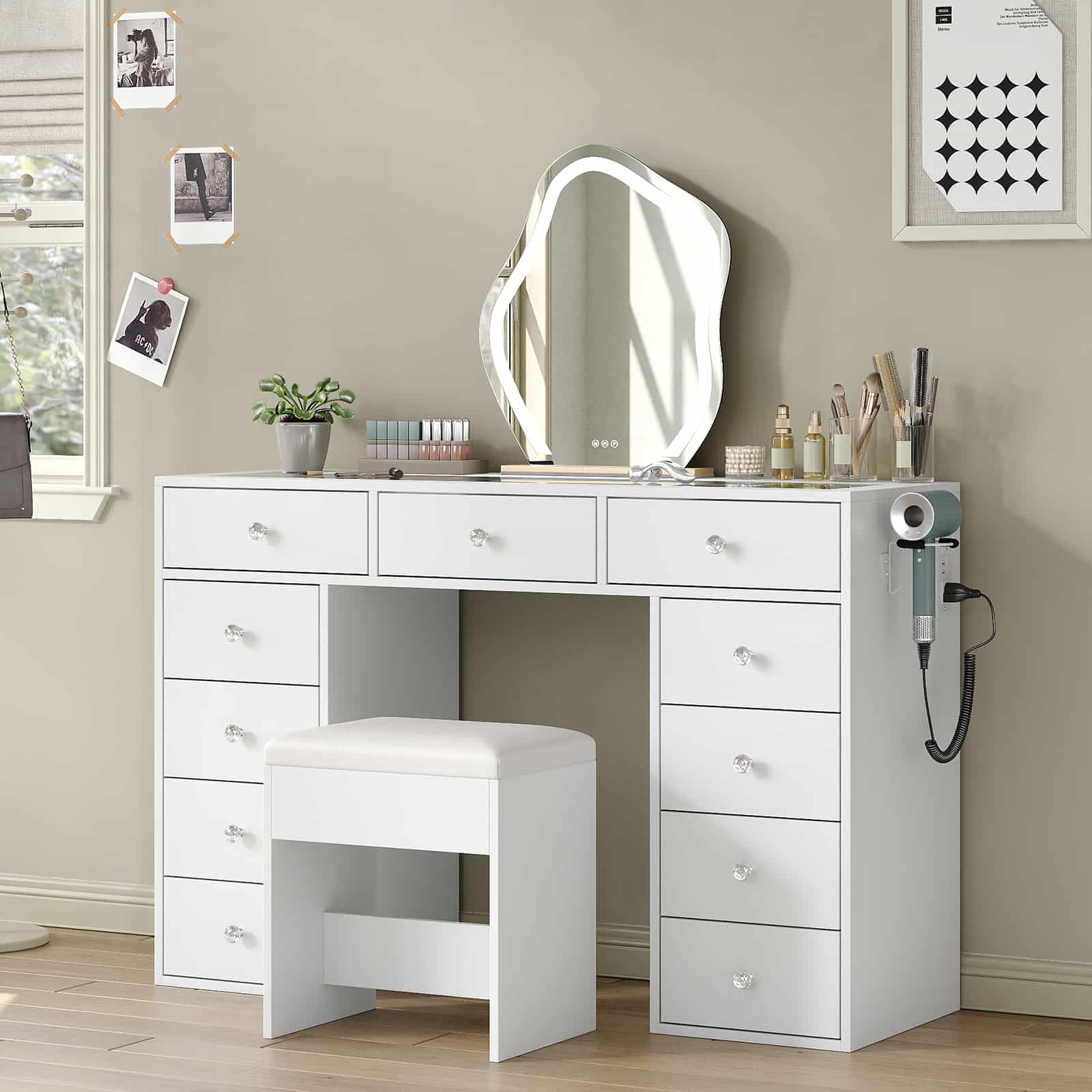 Yanosaku VD026 White Vanity Desk Without Mirror, 11 Drawers with Charging Station - Yanosaku SotreFurniture