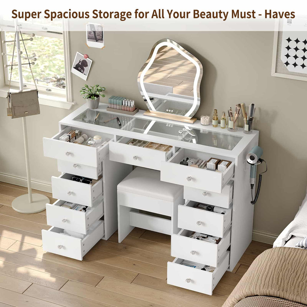 Yanosaku VD026 White Vanity Desk Without Mirror, 11 Drawers with Charging Station - Yanosaku SotreFurniture