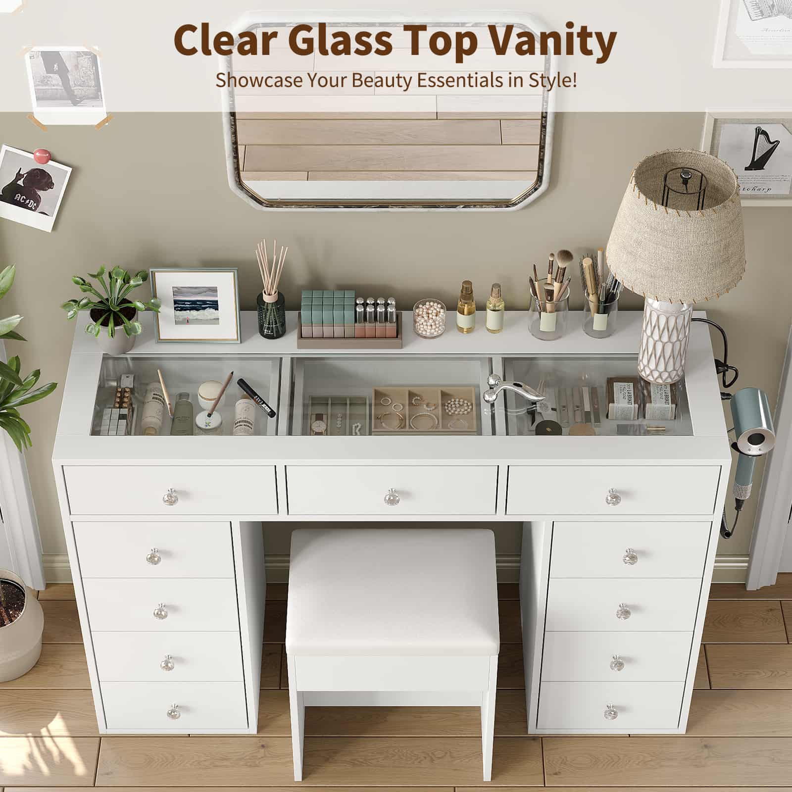 Yanosaku VD026 White Vanity Desk Without Mirror, 11 Drawers with Charging Station - Yanosaku SotreFurniture