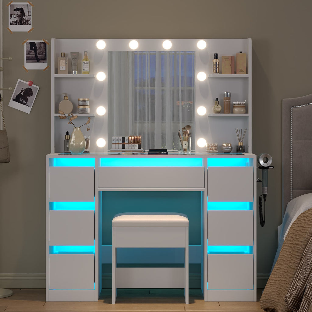 Yanosaku VD027 Vanity Desk with Mirror, 10 LED Lights, 7 Drawers & Charging Station - Yanosaku SotreFurniture