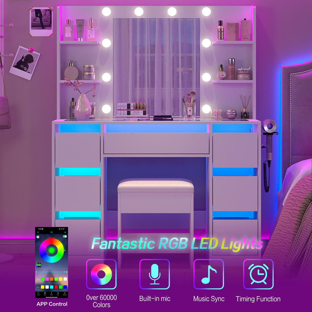 Yanosaku VD027 Vanity Desk with Mirror, 10 LED Lights, 7 Drawers & Charging Station - Yanosaku SotreFurniture