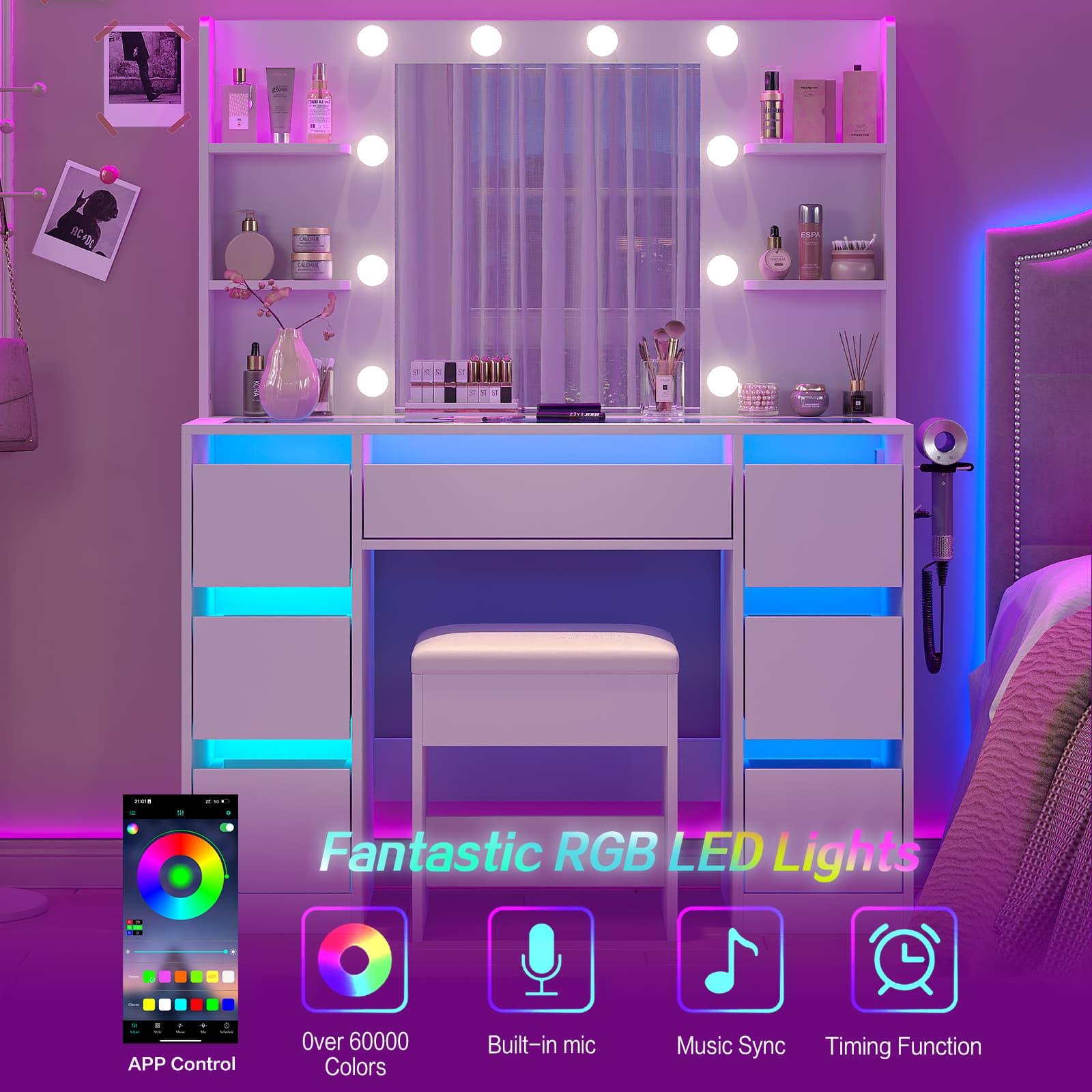 Yanosaku VD027 Vanity Desk with Mirror, 10 LED Lights, 7 Drawers & Charging Station - Yanosaku SotreFurniture