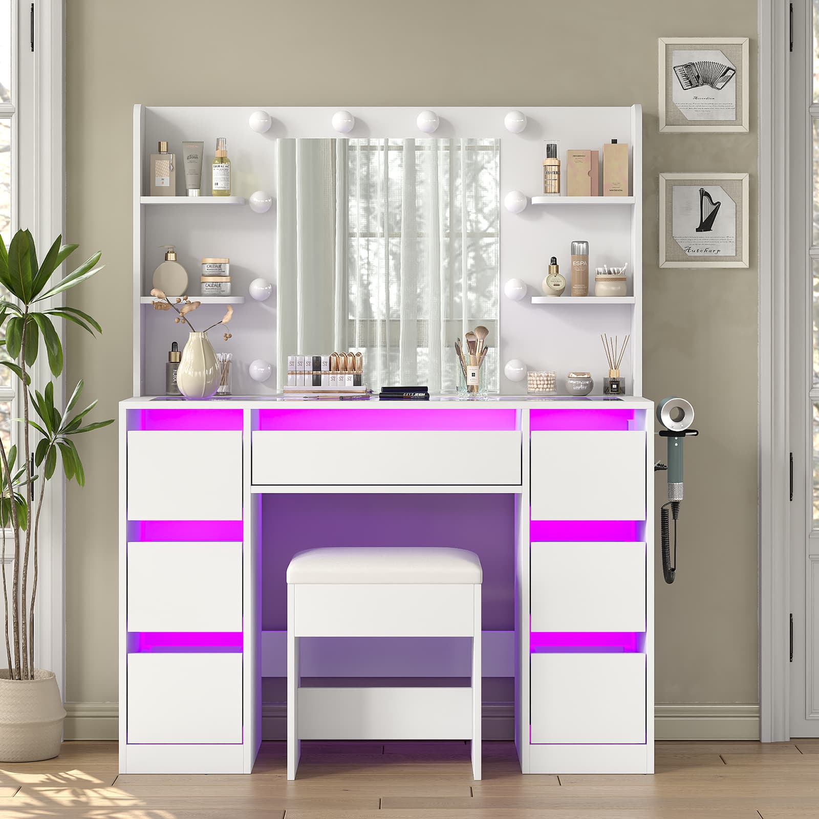 Yanosaku VD027 Vanity Desk with Mirror, 10 LED Lights, 7 Drawers & Charging Station - Yanosaku SotreFurniture