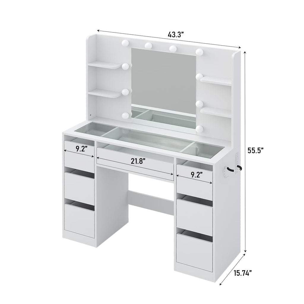 Yanosaku VD027 Vanity Desk with Mirror, 10 LED Lights, 7 Drawers & Charging Station - Yanosaku SotreFurniture