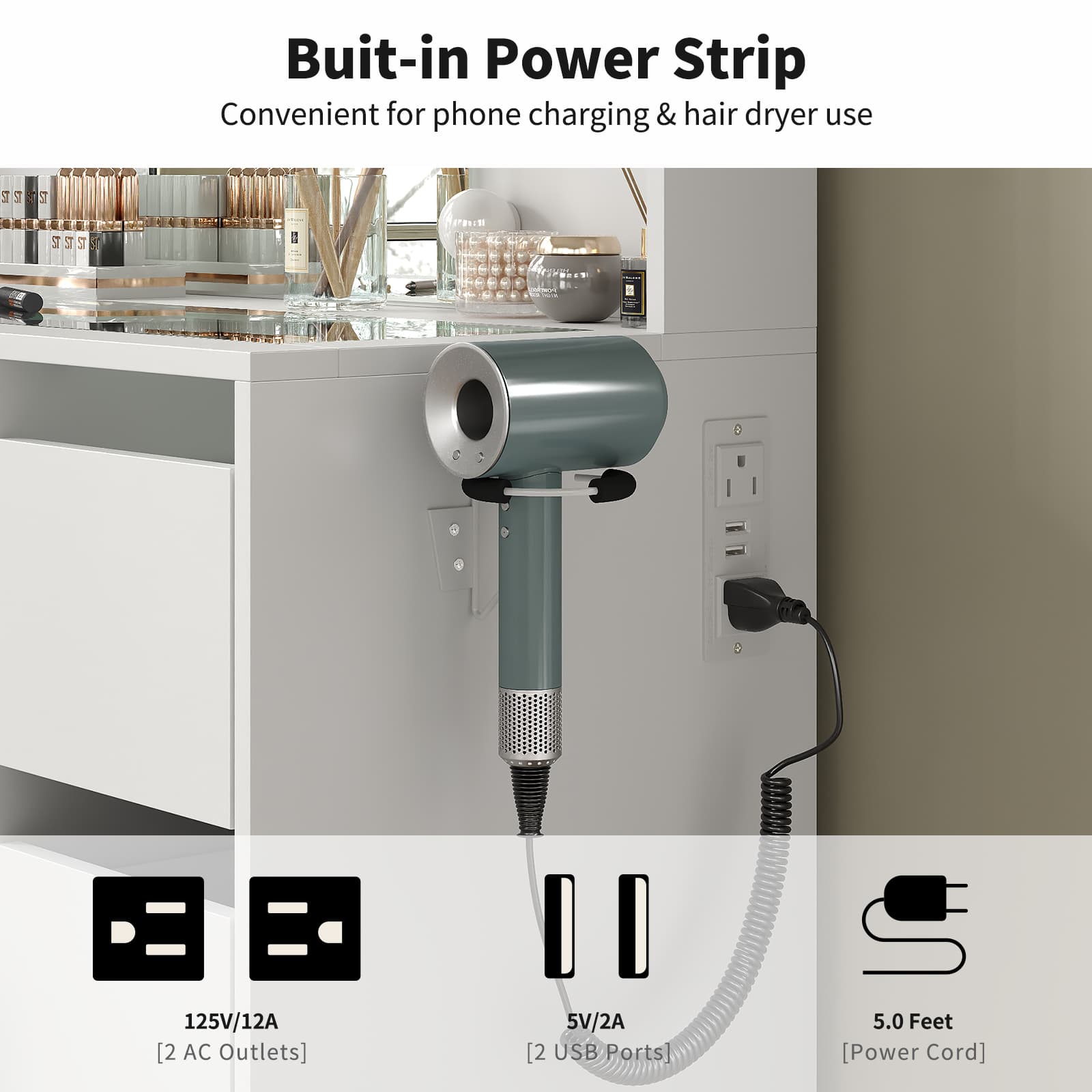 Yanosaku VD027 Vanity Desk with Mirror, 10 LED Lights, 7 Drawers & Charging Station - Yanosaku SotreFurniture