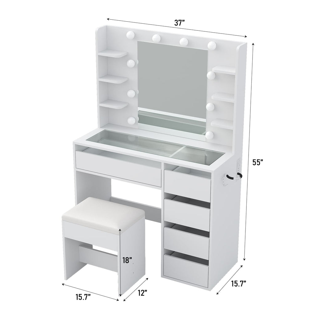 YanosakuVD025 Vanity Table with Mirror, 3 Lighting Modes, 5 Drawers & Glass Top - Yanosaku SotreFurniture