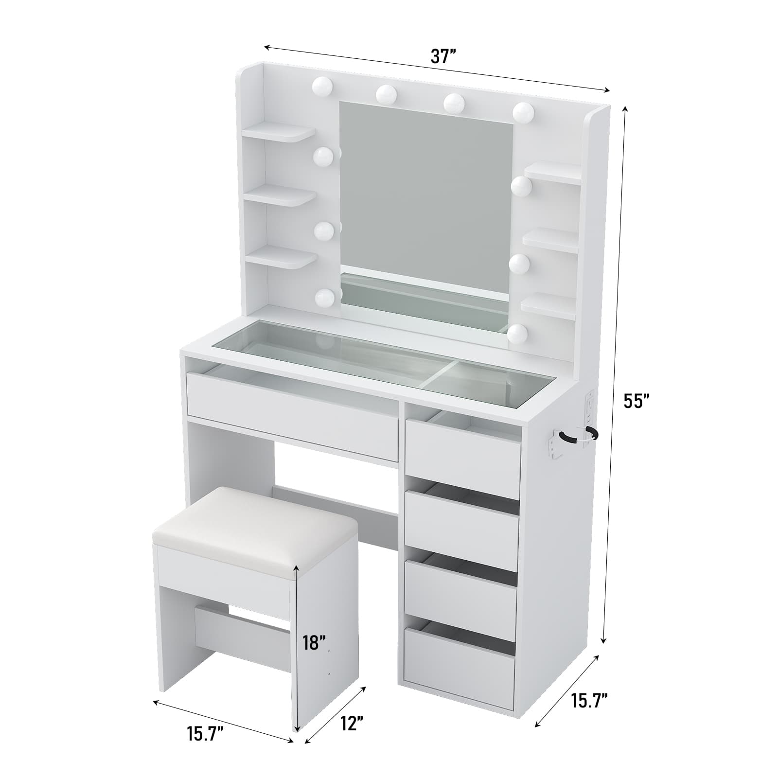 YanosakuVD025 Vanity Table with Mirror, 3 Lighting Modes, 5 Drawers & Glass Top - Yanosaku SotreFurniture