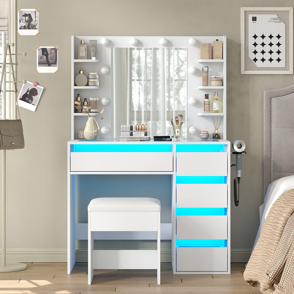 YanosakuVD025 Vanity Table with Mirror, 3 Lighting Modes, 5 Drawers & Glass Top - Yanosaku SotreFurniture