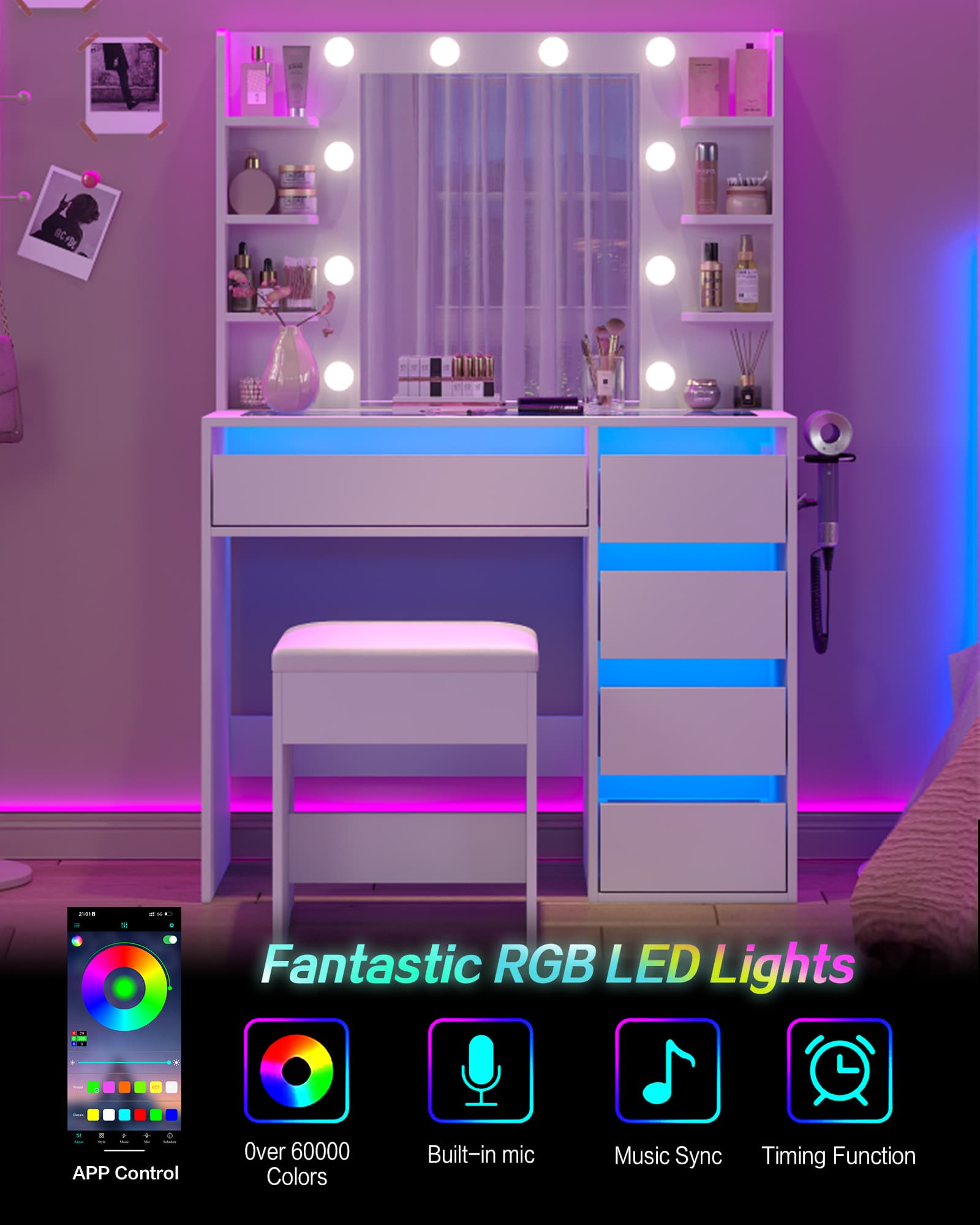 YanosakuVD025 Vanity Table with Mirror, 3 Lighting Modes, 5 Drawers & Glass Top - Yanosaku SotreFurniture