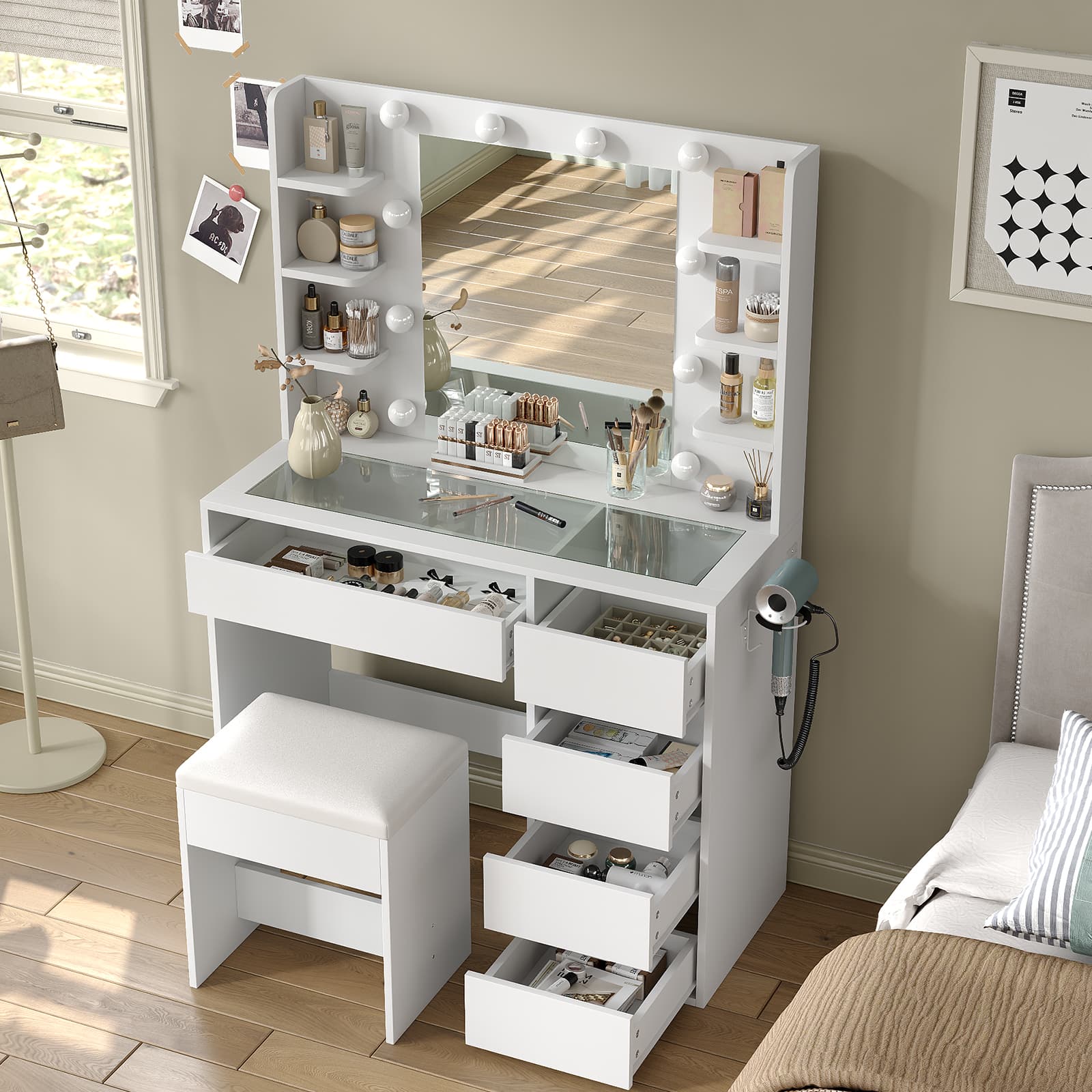 YanosakuVD025 Vanity Table with Mirror, 3 Lighting Modes, 5 Drawers & Glass Top - Yanosaku SotreFurniture