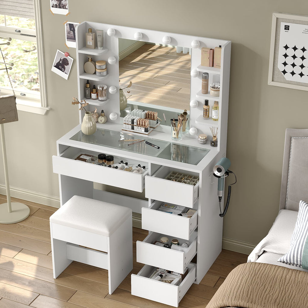 YanosakuVD025 Vanity Table with Mirror, 3 Lighting Modes, 5 Drawers & Glass Top - Yanosaku SotreFurniture