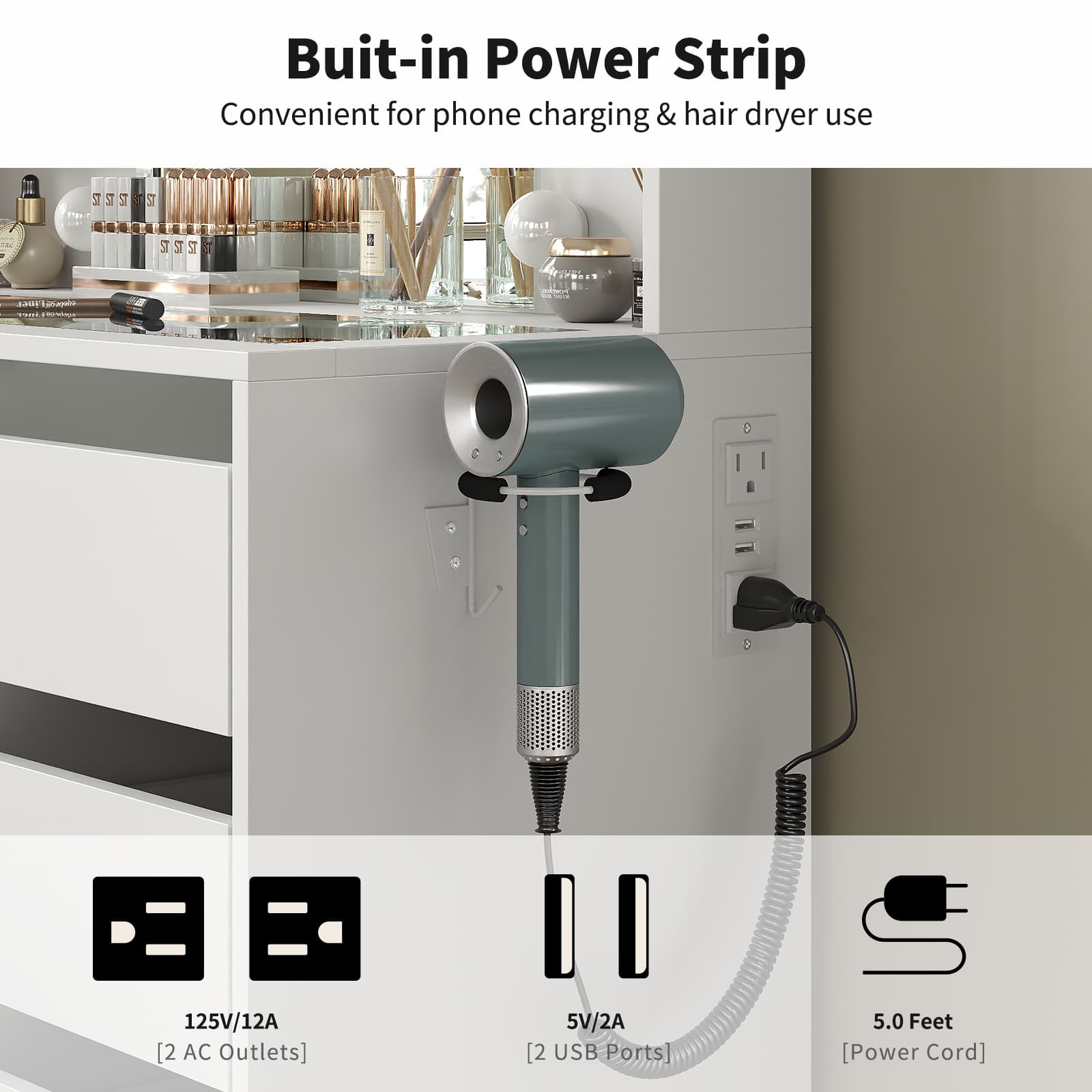 YanosakuVD025 Vanity Table with Mirror, 3 Lighting Modes, 5 Drawers & Glass Top - Yanosaku SotreFurniture