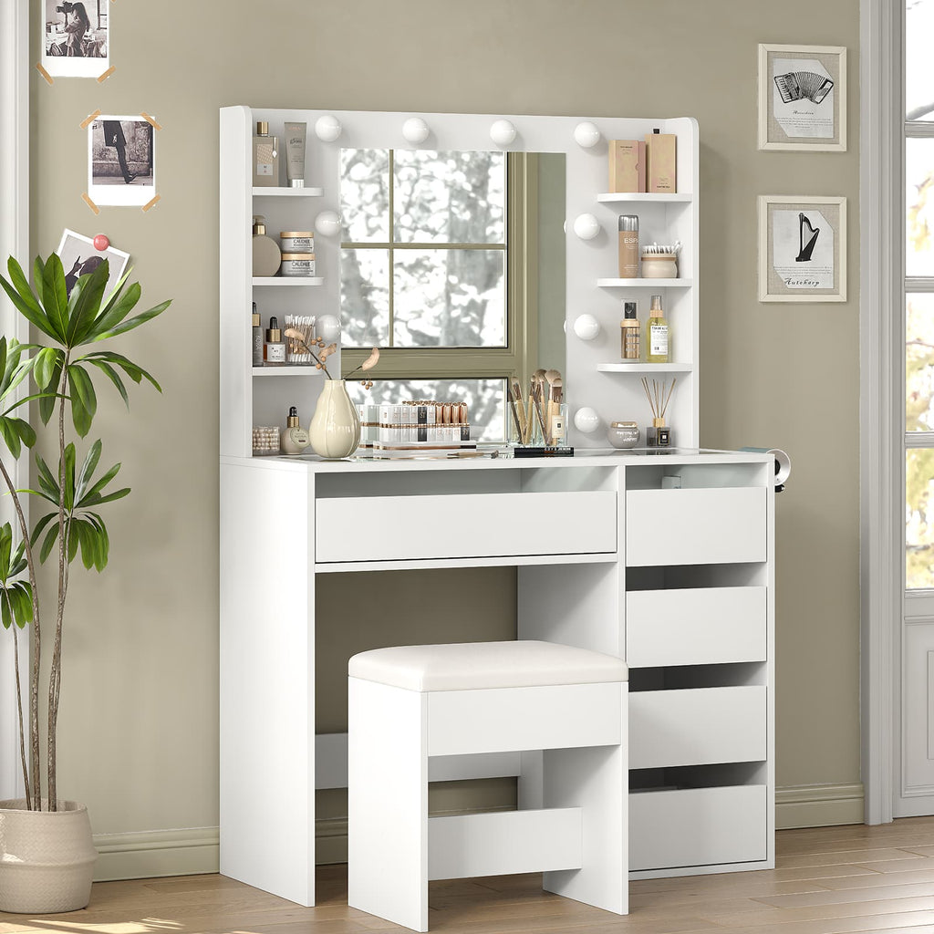 YanosakuVD025 Vanity Table with Mirror, 3 Lighting Modes, 5 Drawers & Glass Top - Yanosaku SotreFurniture